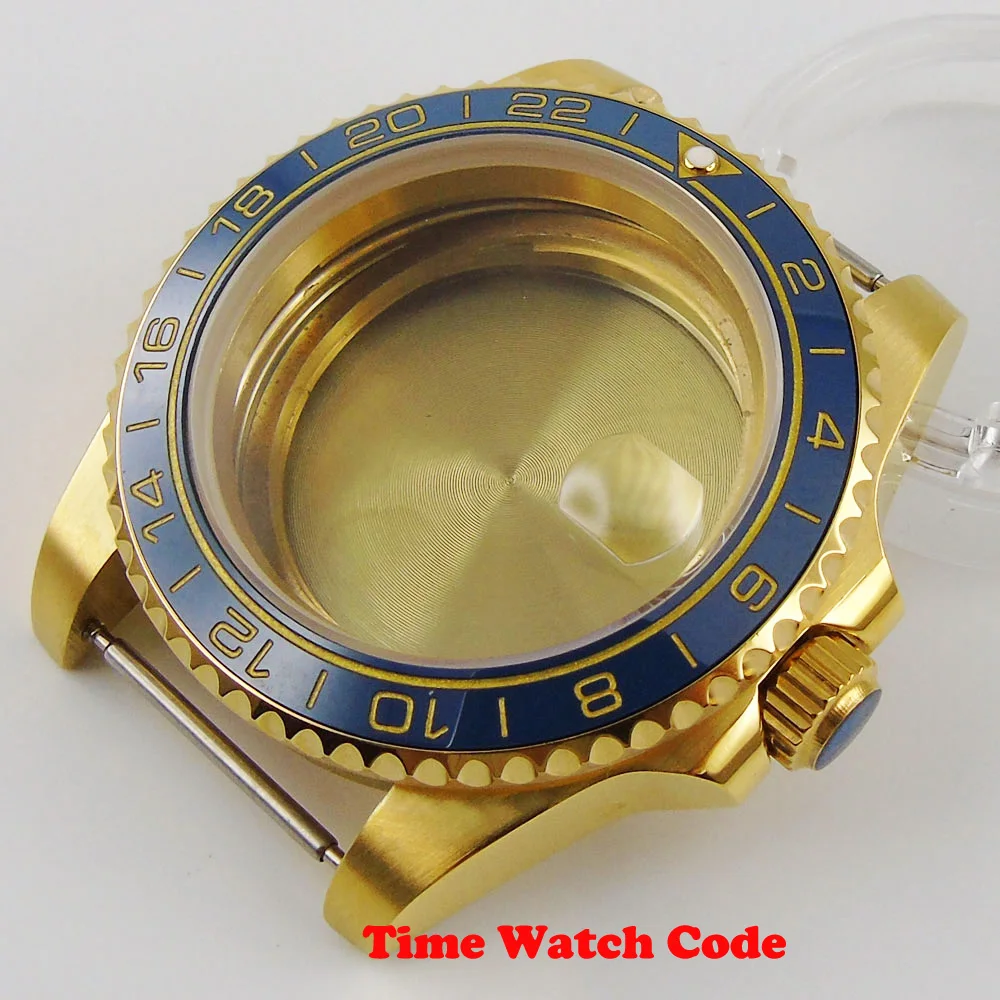 40mm Golden-plated Men's Watch Case fit ETA2836 Miyota8215 MOVEMENT Sapphire glass blue ceramic bezel magnifier accessories