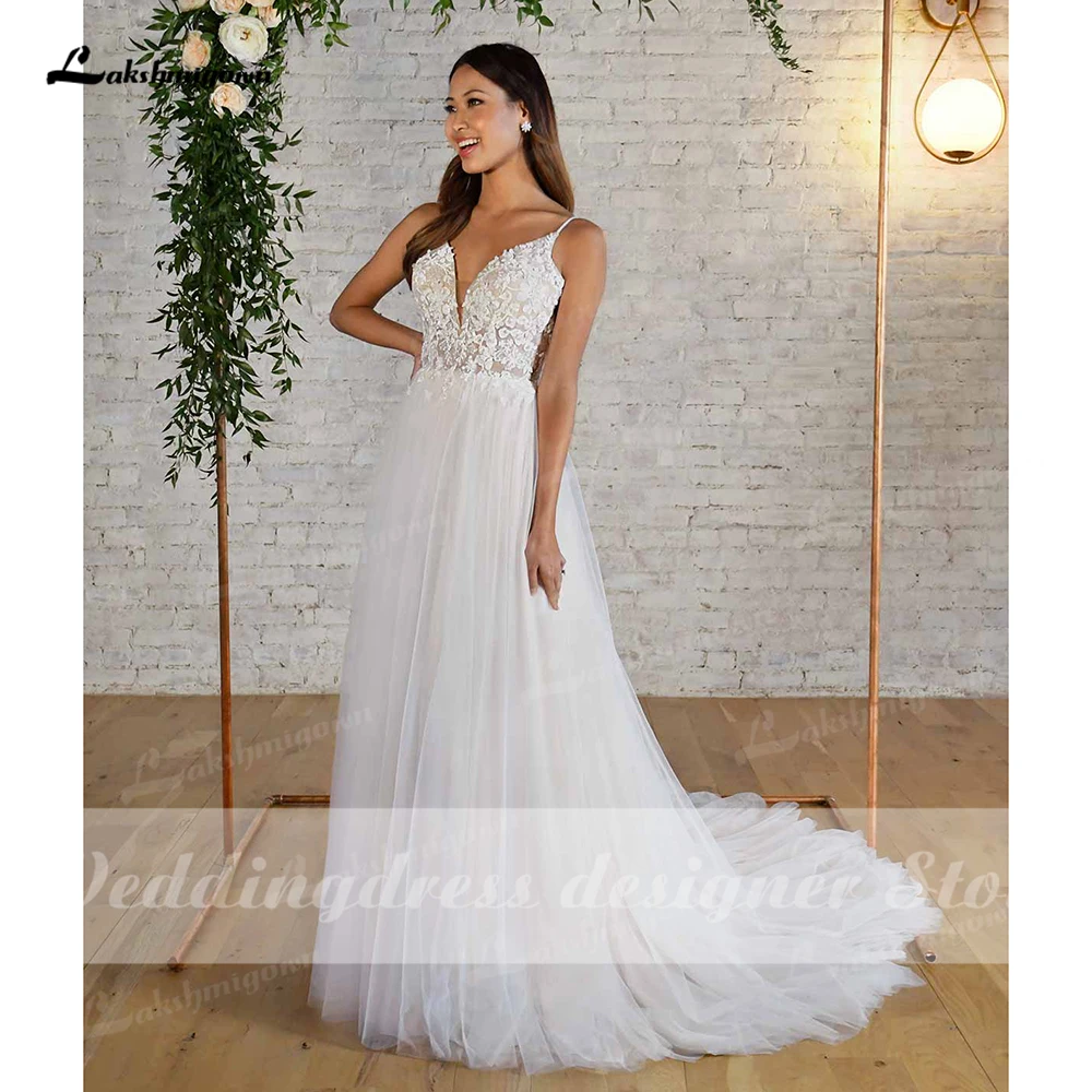 Vestidos de novia románticos con cuello en V con diseños florales bordados, Sexy, tirantes finos, Bohemia boda