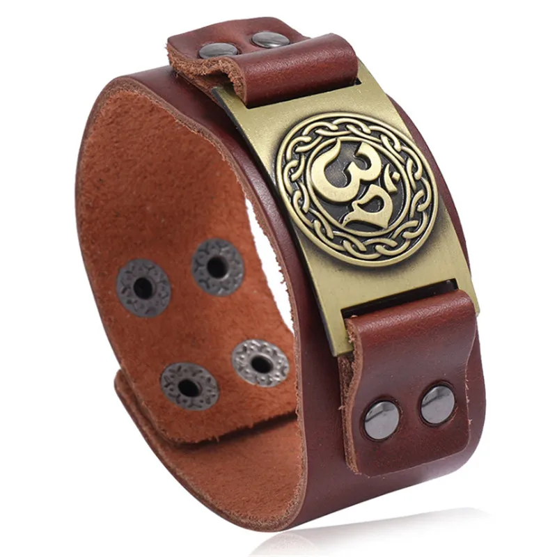 Vintage Viking OM Genuine Leather Bracelet Men Nordic Runes Odin Symbol Wrap Bangle Jewelry Accessories Gifts