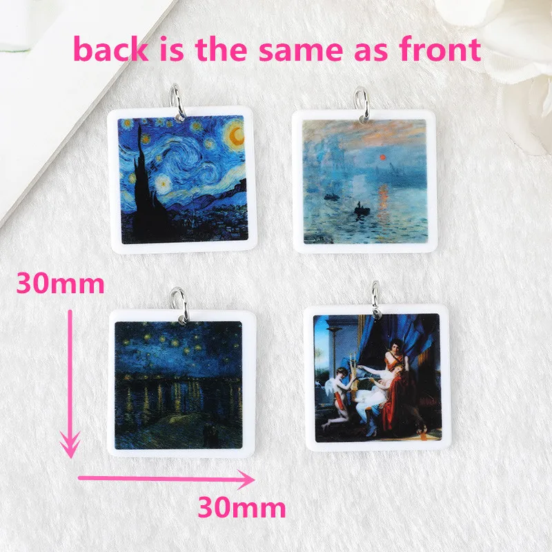 8Pcs World Famous Paintings Charms Acrylic Van Gogh Pictures Starry Night  Monet Sunrise Impression Jewelry Pendant Diy Findings