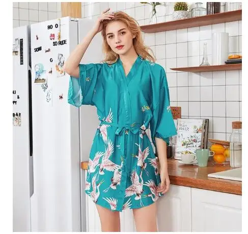 Fashion Women\'s Summer Mini Kimono Robe Lady Rayon Bath Gown Yukata Nightgown Sleepwear Sleepshirts Pijama Mujer Size M-XXL