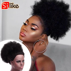 Silike-Sintético Curto Afro Puff Cabelo Bun, Alta Temperatura, Urdidura De Cordão, Cauda De Pônei, Grampo na Extensão Do Cabelo, Cabelo Encaracolado Bun