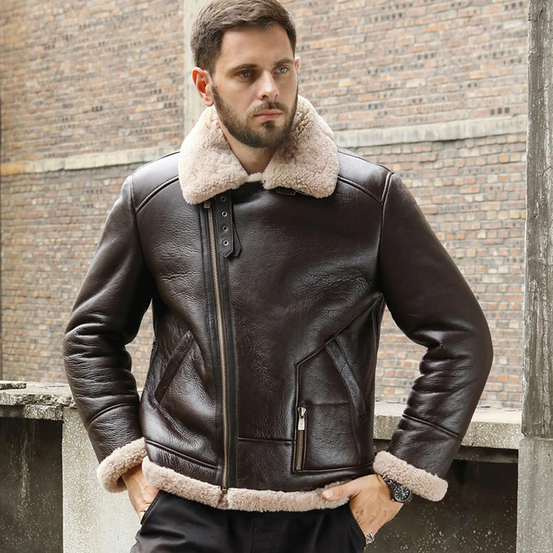 

New Shearling Coat Mens B3 Bomber Jacket Short Fur Coat Brown Motorcycle Jacket Thicken Sheepskin Coat