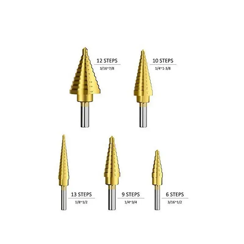 5Pcs Inch HSS Step Drill Bit Set Step Steel plate Twist Reaming Drill Tool Accessories