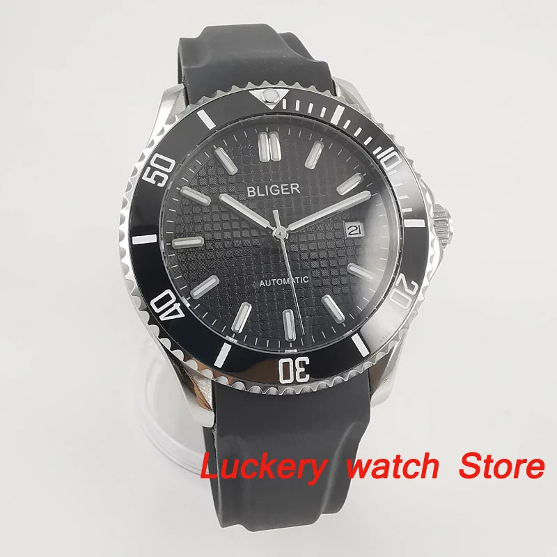 bliger 41mm men's watch black dial saphire glass；Ceramic Bezel Automatic movement Luminous luxury watches