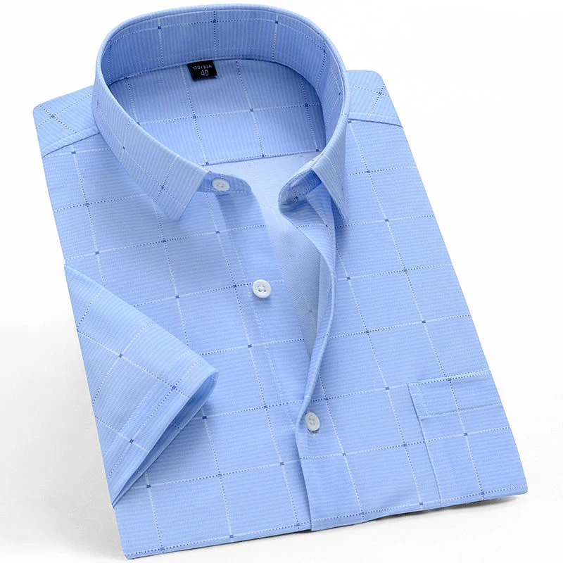 Summer Short Sleeve Casual Shirts Men Business Stretch Plaid Shirt Mens Checkered Leisure Foral Comfortable Button Dress Shirt