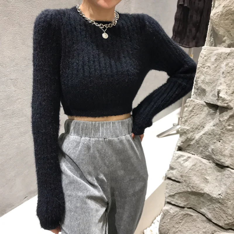 Fluffy Sweaters Women Pullovers Crop Tops O-neck Slim Fit Winter Warm Solid Tender Long Sleeve Knitwear Simple Vintage Jumpers