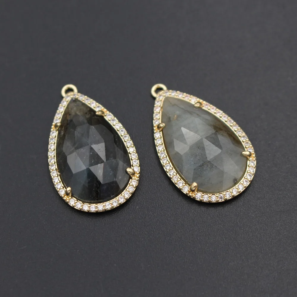 6pcs Faceted Natural Stone Water Drops Pendants Labradorite Amethyst Stone CZ Paved Charms For DIY Handcrafts Earrings Jewelry