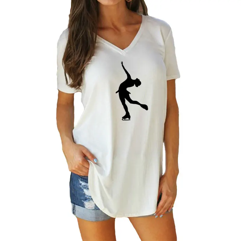 Modern Design Figure Skating T Shirt Summer  Women's Casual  Loose cotton Short Sleeve V-Neck Tee Tops