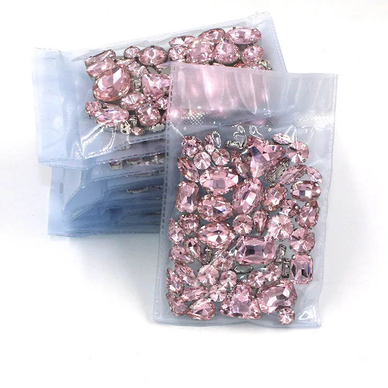 Best seller  Wholesale 5 bags mixed shape glass crystal sliver base Pink rhinestones  diy wedding dress