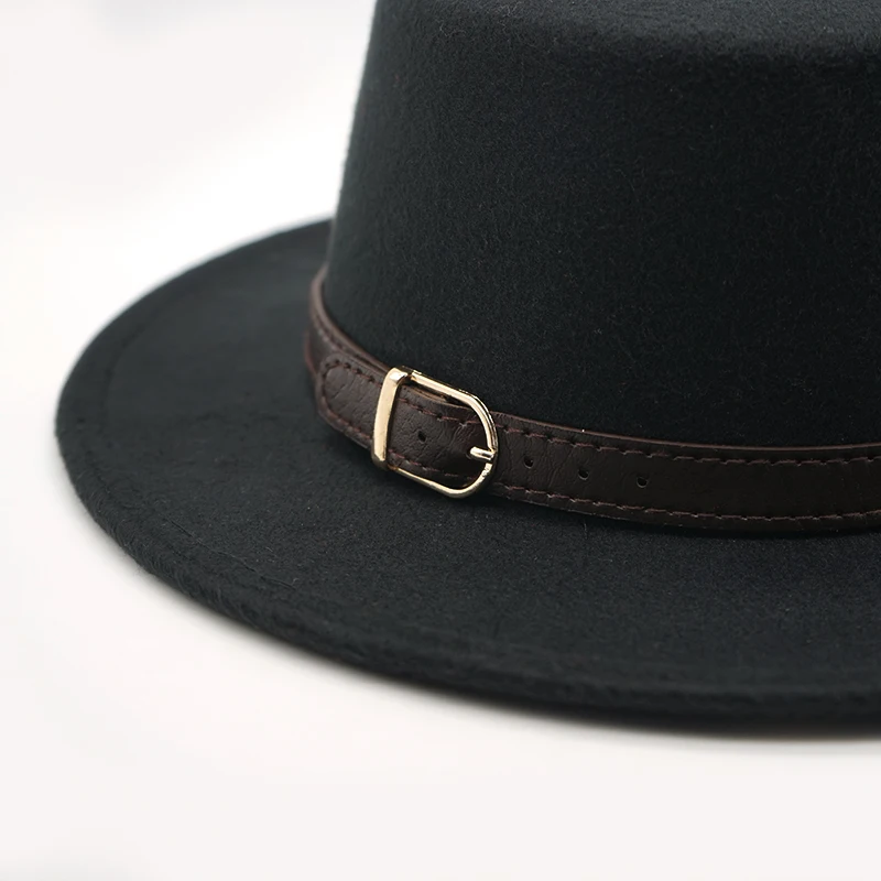 New Retro Winter Autumn women men Top hat Imitation Woolen Felt Fedora Hats Belt buckle Decorated ladies Boater Hat flat brim