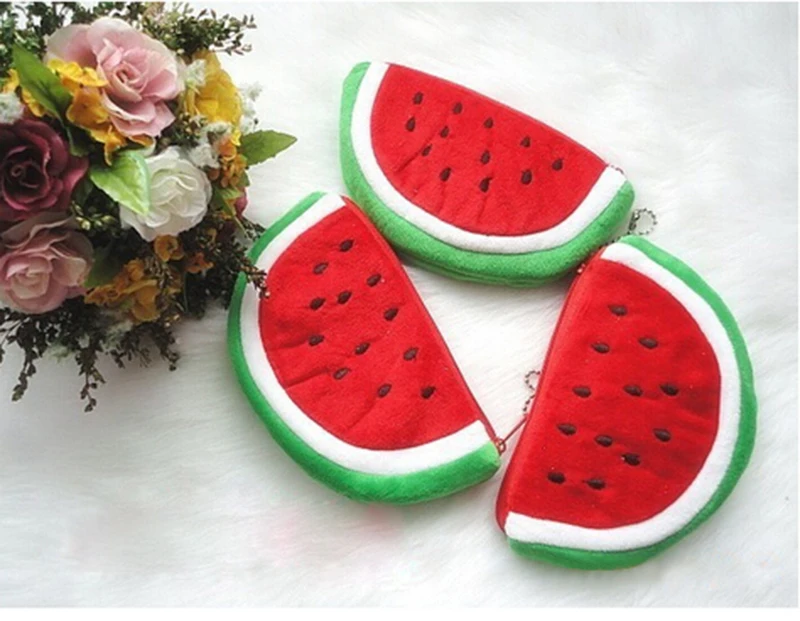 Novelty Kids Watermelon Coin Purse Women Lovely Plush Zipper Coin Wallet Purse Key Bag Fruit Wallet Students Pen Pencil Case Bag