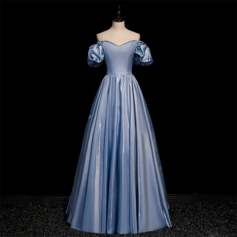 

Evening Dress Boat Neck Simple A-Line Elegant Short Sleeves Fashion Lace Up Floor-Length Satin Party Formal Dresses Woman B1462