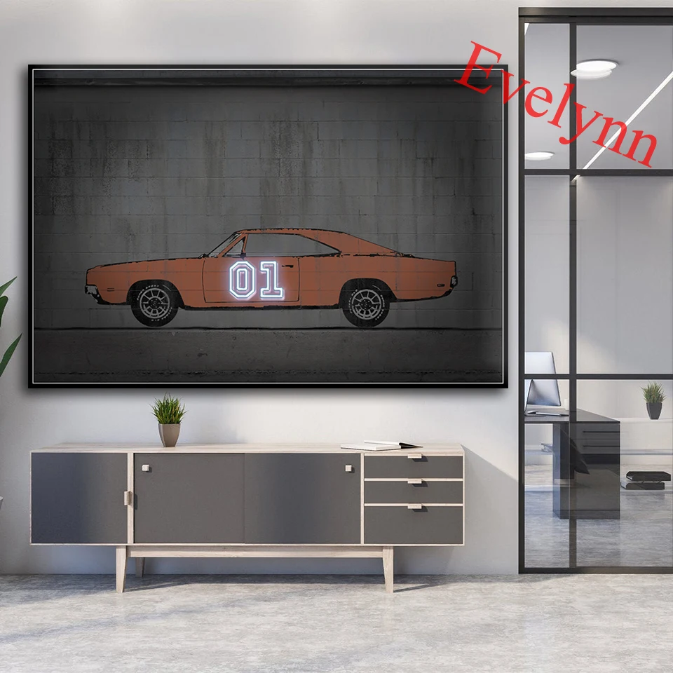 Abstract Wall Art Dodge Charger Car Neon Posters And Prints Cartoon Orange Car Modular Pictures For Living Room Home Decor Frame