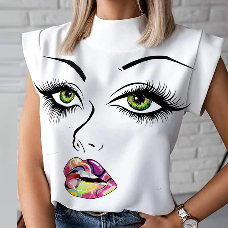 Blouse Shirts Tops Pullovers Eye Short Sleeve Lips-Print Blusa Women Elegant Summer Causal Stand Neck Ladies Fashion Chemise