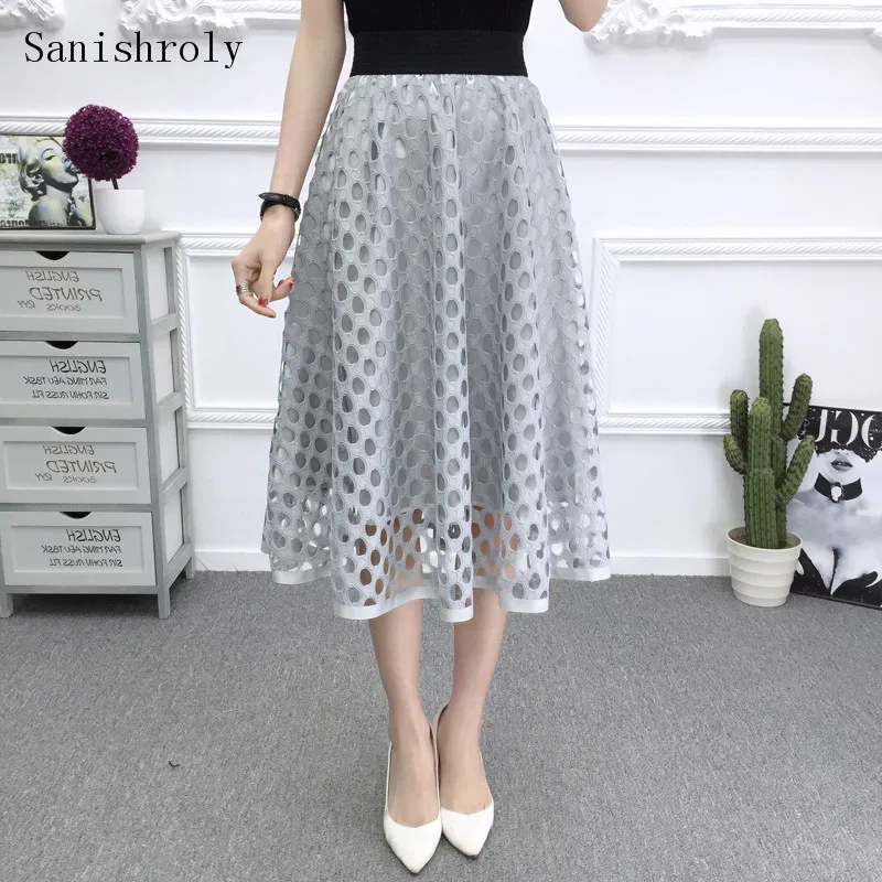 

Women's Skirt Summer Sweet Dot Hollow Out Lace Skirts Female A-Line Midi Long Skirt Elastic High Waist Pleated Ball Gown Skirt