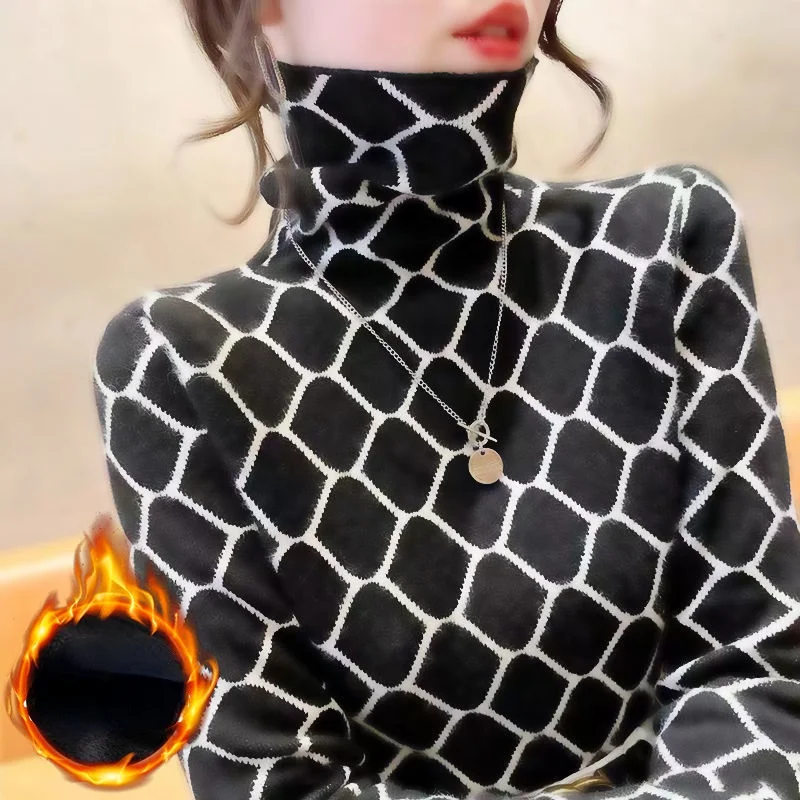 

Осень-зима 2022, Женская водолазка, корейская мода, флисовый роскошный женский пикантный клетчатый пуловер с геометрическим принтом, облегающий женский топ Y2k