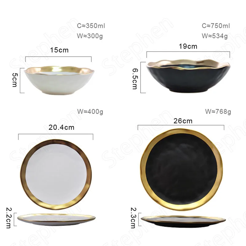 Black Gold Ceramic Plates and Bowls Nordic Modern Golden Stroke Steak Steak Dishes Tableware Afternoon Tea Cake Dessert Plate