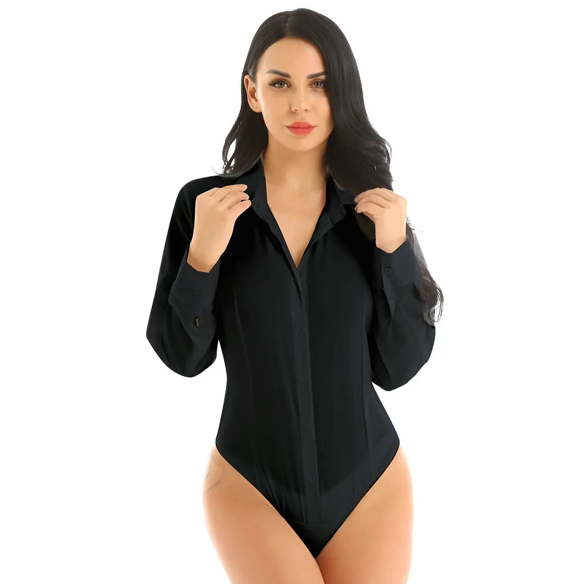 Women Shirt Bodysuits Pajamas One-Piece Long Sleeve Turn-down Collar Solid Color Jumpsuit Underwear Female Casual Clothes