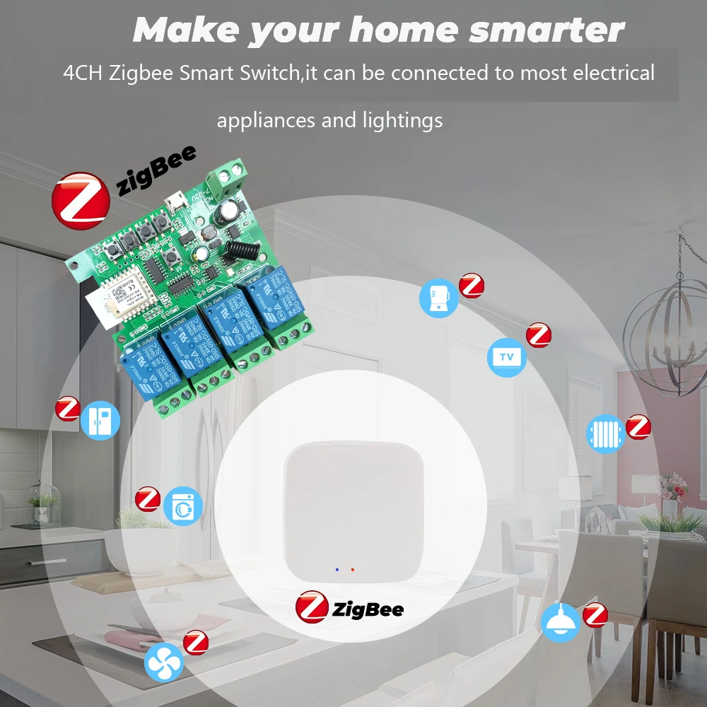 4CH Zigbee Smart Light Switch Module 5/12/32V RF433 Receiver 10A Relays Work with Alexa Google Assistant Tuya Smart Life