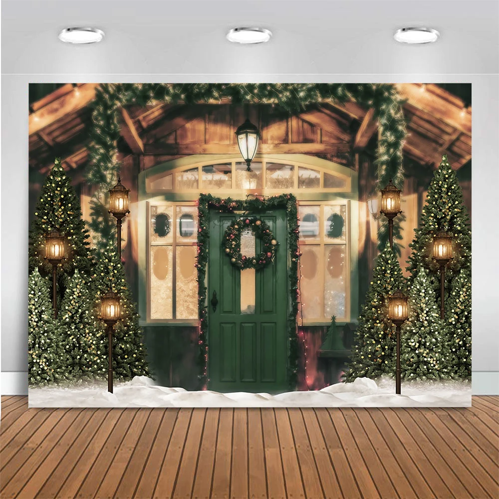 우드 하우스 크리스마스 어린이 사진 배경, 크리스마스 트리 눈 장면 장식 녹색 문 가로등 배경 포토스튜디오