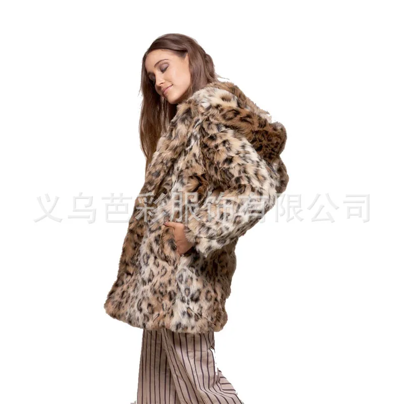 Casaco com capuz de pele sintética feminino, estampa de leopardo, grosso, quente, personalidade, inverno, moda, novo