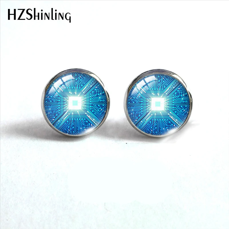 2020 New Computer Circuit Board Stud Earring Cute Earrings Hand made Glass Cabochon Art Photo Jewelry