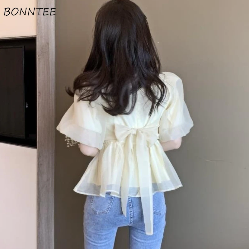 Blouse Women Summer Elegant Lovely Simple Solid Bow Fashion Daily Puff Sleeve New Chic Vintage Casual Square Collar Soft Ulzzang