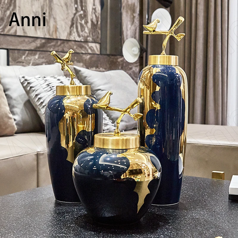 Luxurious Gilt Blue Ceramic Vase with Pure Copper Bird Lid European Modern Office Desktop Flower Vase Ornaments Home Decoration