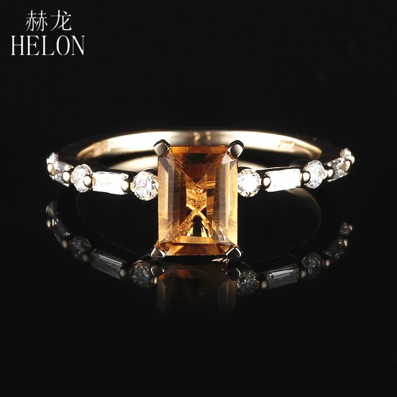 

HELON Solid 14K Yellow Gold 7x5mm Emerald cut 1.23ct Natural Citrine Diamonds Ring Women Jewelry Unique Engagement Wedding Ring