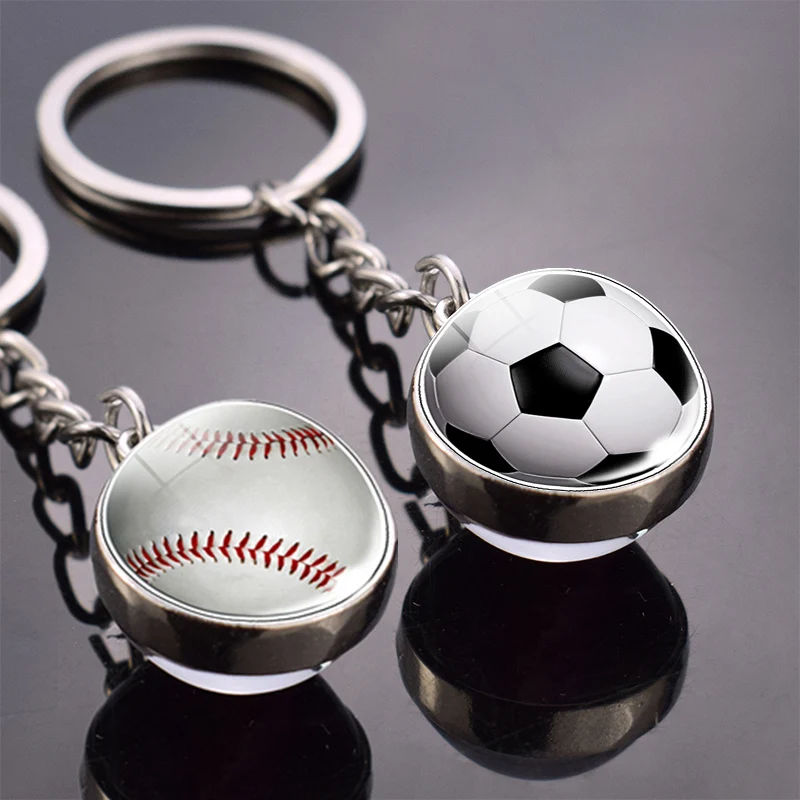 Sports Ball Key Chain Football Baseball Basketball Volleyball Double Side Keychain Glass Ball Trinket Pendant Keyring