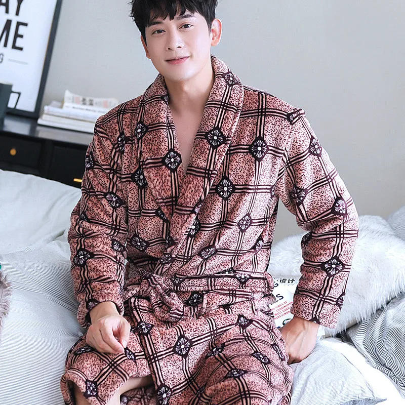 

H5964 Men Winter Robe Nightgown Thicken Coral Fleece Bathrobe Male Flannel Large Size Homewear Long Sleeve Comfortable Nightwear