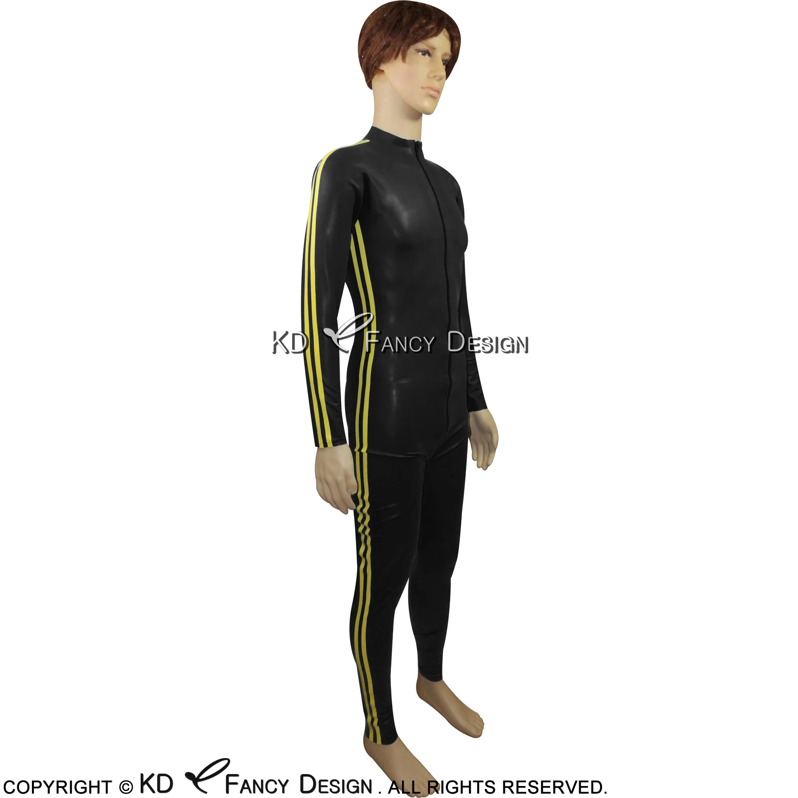 Black And Yellow Stripes Sexy Latex Catsuit  Front To Back Crotch Zipper Rubber Bodysuit Overall Zentai Body Suit LTY-0287