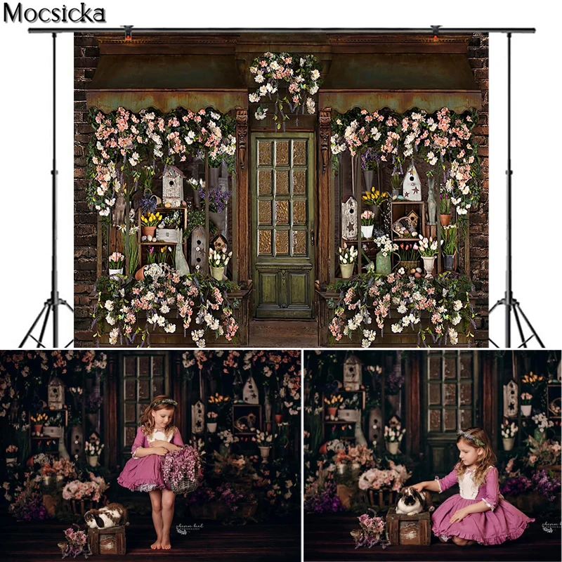 Fresh Flower Market Spring Backdrop Retro Brick Wall Photography Background Flower Shop Children Birthday Portrait Photo Studio