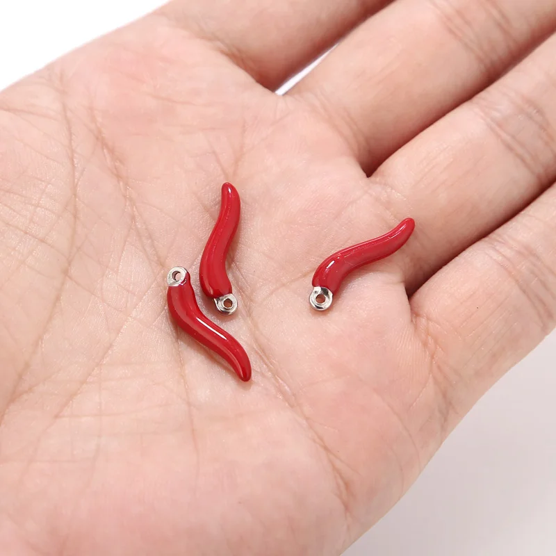 10pcs/lot red chili Italian Horn Charm Stainless Steel Talisman Italian DIY Jewelry Making Findings Lucky Pendant