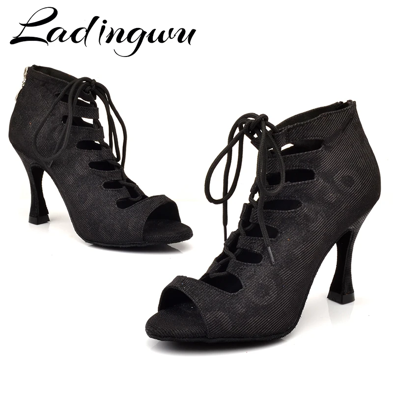 Ladingwu Dance Shoes Women's Latin Shoes Dance Boots Black Chameleon flash cloth Salsa Dance Shoes Adjustable width and narrow