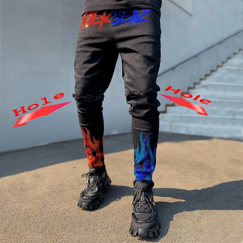 2023 Men\'s Ripped  Hot Drill Jeans Skinny Jeans Black Stretch Denim Pencil Pants MAN Denim Street Punk Slim Fit Biker Trousers