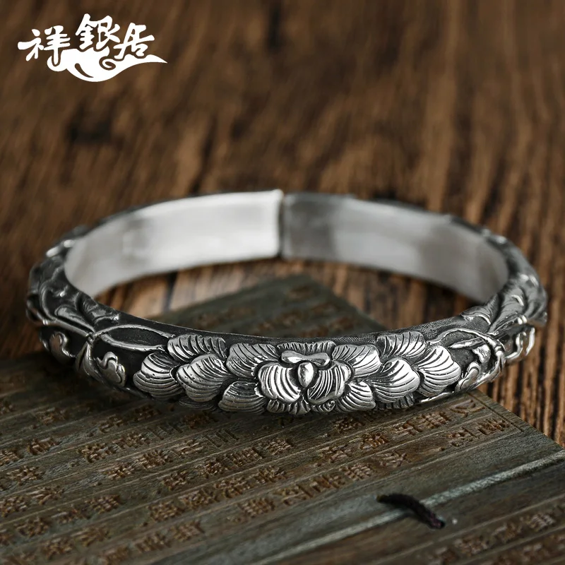 ★manual S999 fine silver peony literary wind restoring ancient ways is pure silver flake silver bracelet sent mother