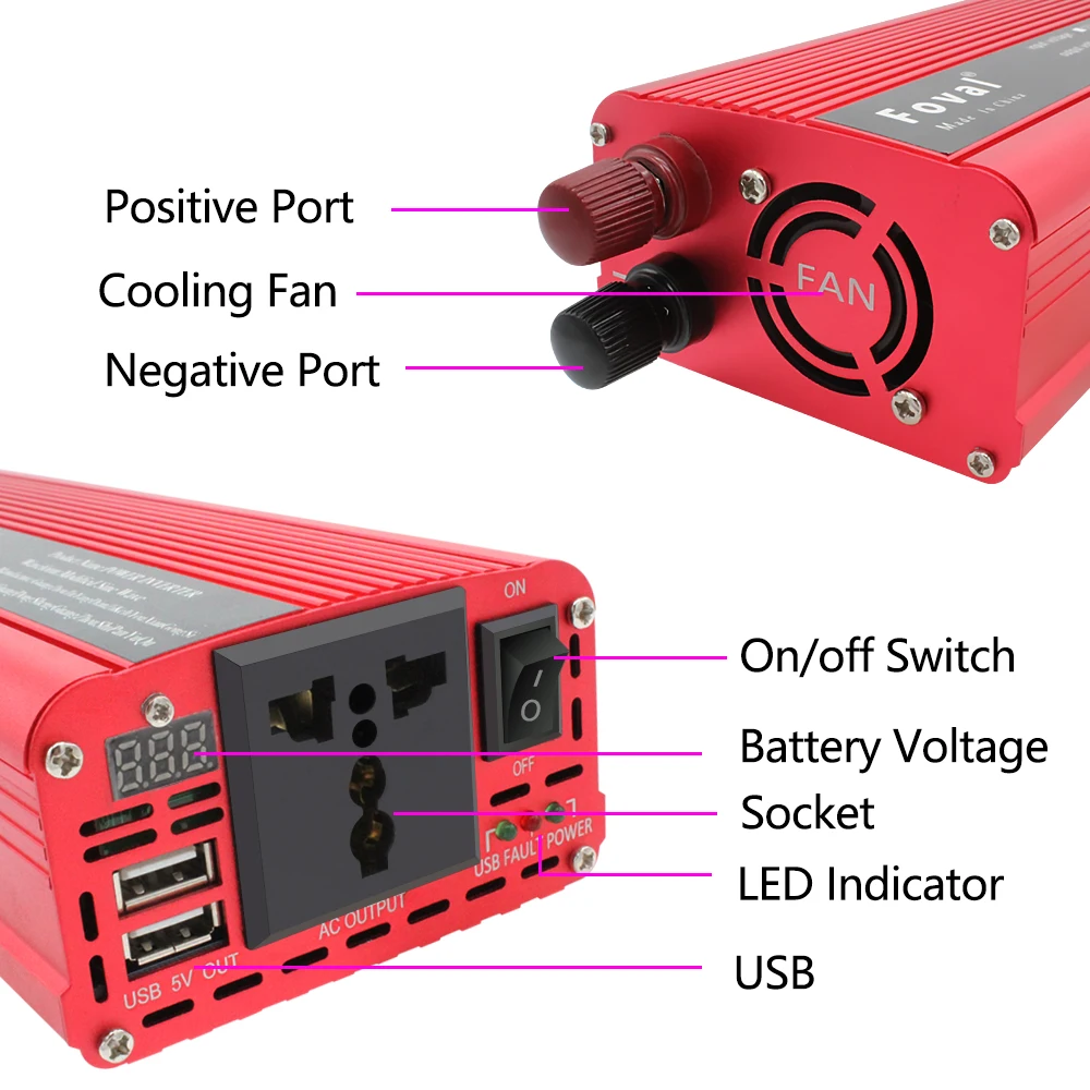 2600W/2000W/1500W Car Power Inverter LED Dual USB Peak DC 12V to AC 220V Portable Charger Converter Modified Sine Wave Solar