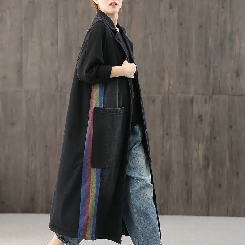 2021 New Arrival Summer Women Sleeveless Turn-down Collar Long Coat Striped Patchwork Cotton Denim Single Breasted Coats W602