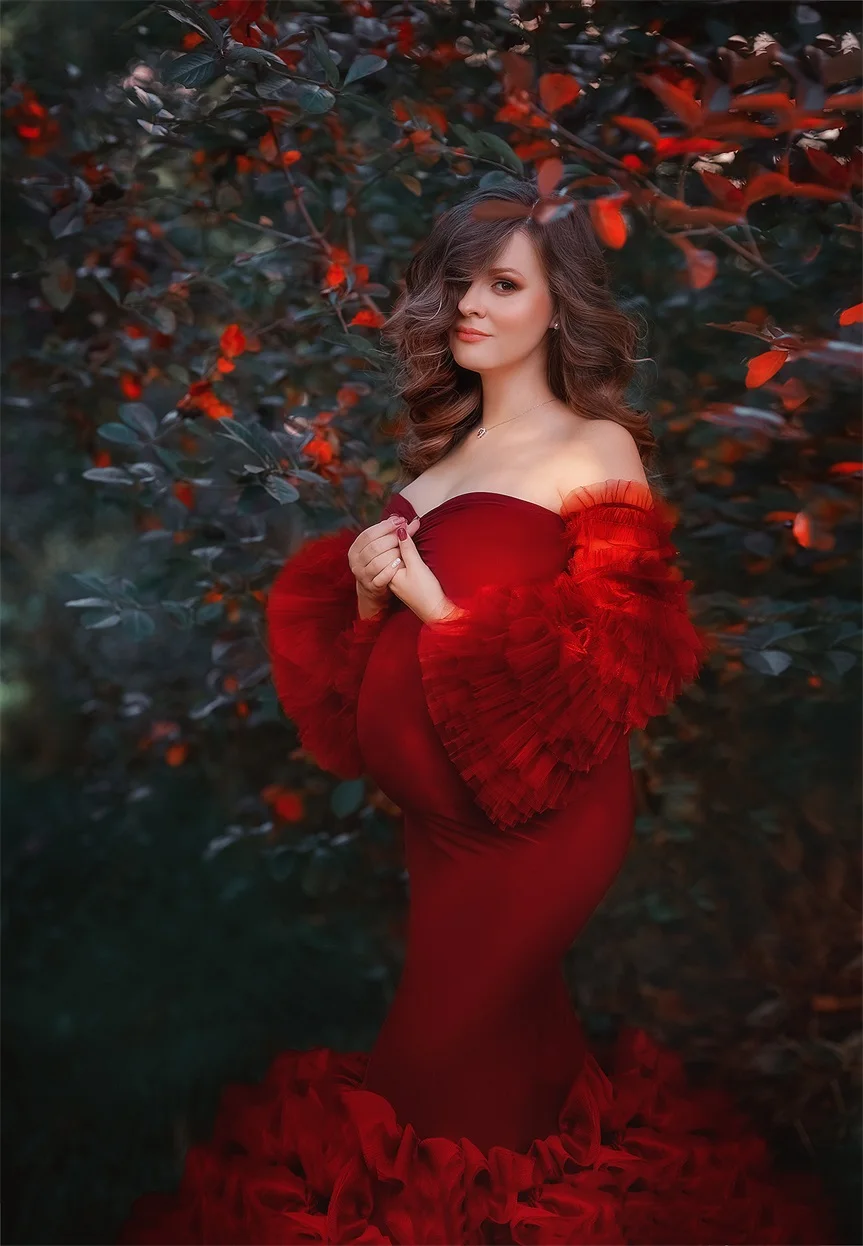 Elegant Red Nightgowns Plus Size Sweetheart Neck Long Sleeve Mermaid Gown Ruffles Pregnancy Dress Baby Shower Prom Wear