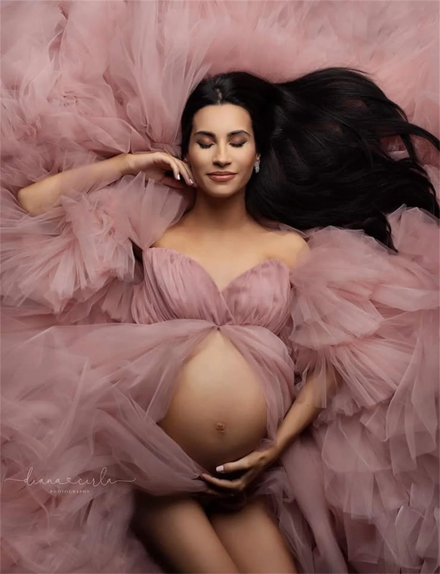 Vestidos de maternidad rosas para sesión de fotos, faldas escalonadas, maxivestido con abertura frontal para fotografía, ropa de fiesta para mujeres embarazadas