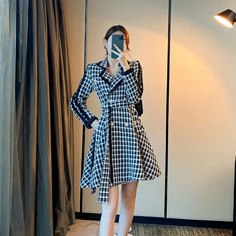 Dress Tweed Office Lady Lapel Double-Breasted Sashes Bow Houndstooth High Waist A-Line Dress Slim Fit Women Korean Woolen Jacket