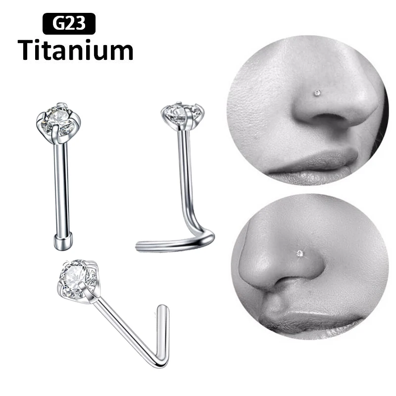 1PC G23 Titanium Nose Ring 2/2.5/3mm CZ Nose stud 20G Straight Rod L Rod Bend Rod for Ear Nose Lip Piercing Earring Body Jewelry