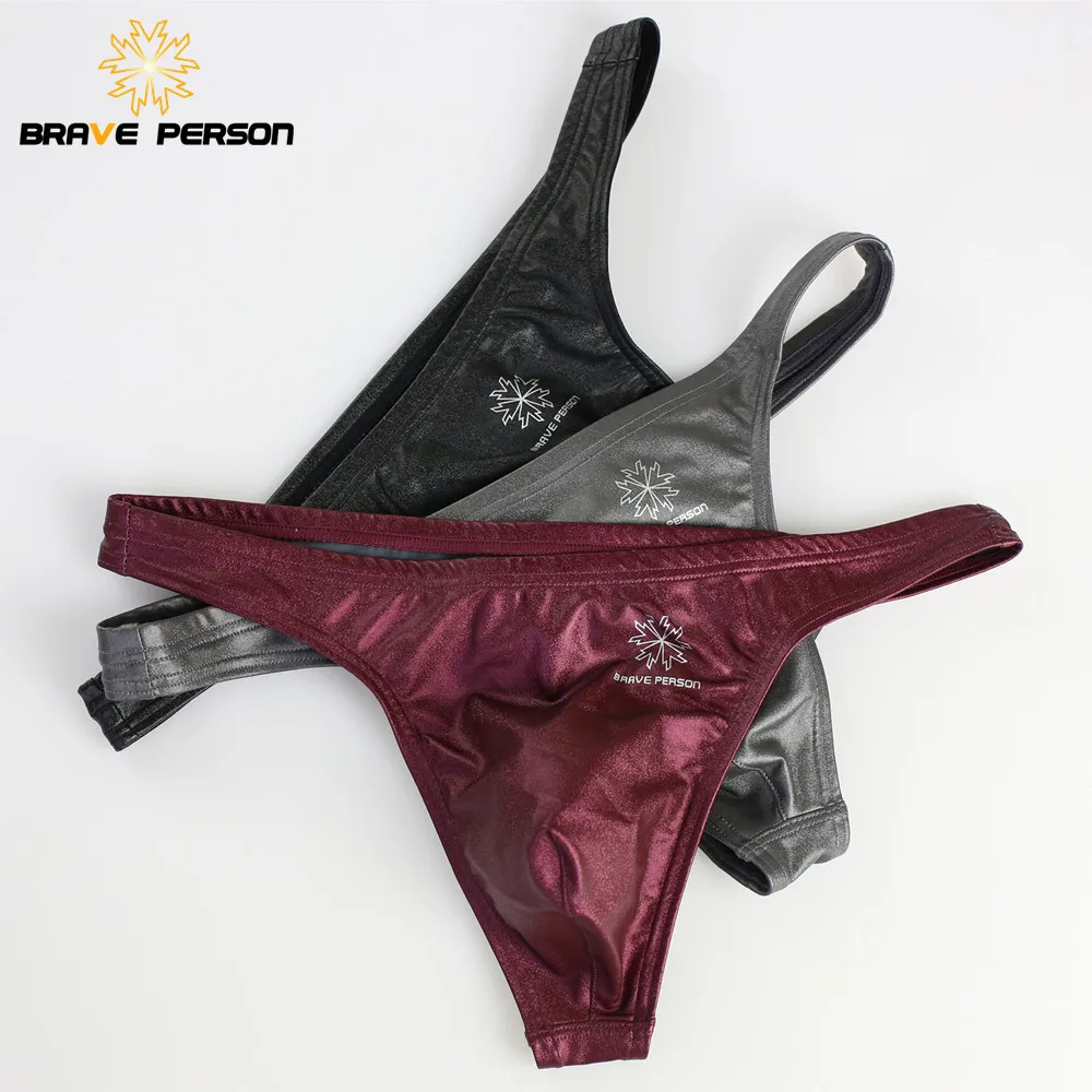 BRAVE PERSON Men Briefs Thongs Sexy Underwear Bright Imitation Leather Male Underpants Briefs G-string Panties Gay Underwear