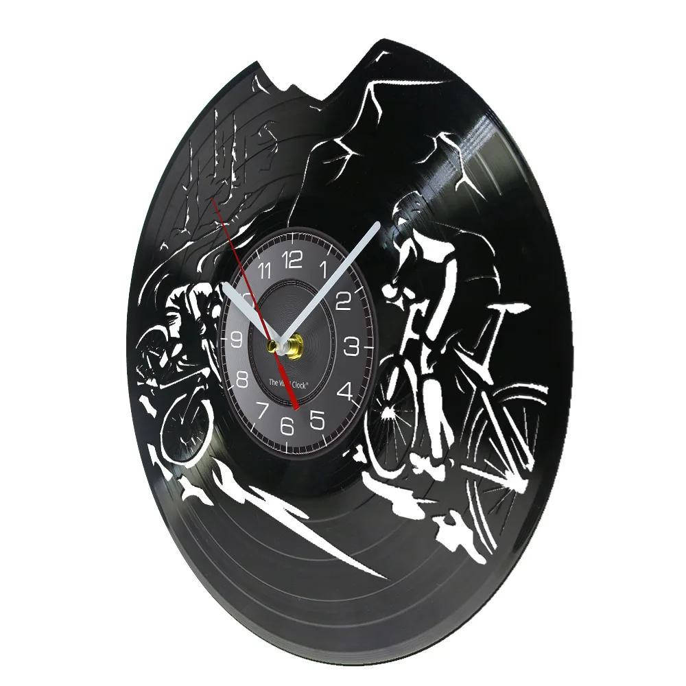 Bicycle Cycling Race Inspired Vinyl Record Wall Clock Road Mountain Art Cyclist Home Decor Retro Music LP Album Black Wall Watch