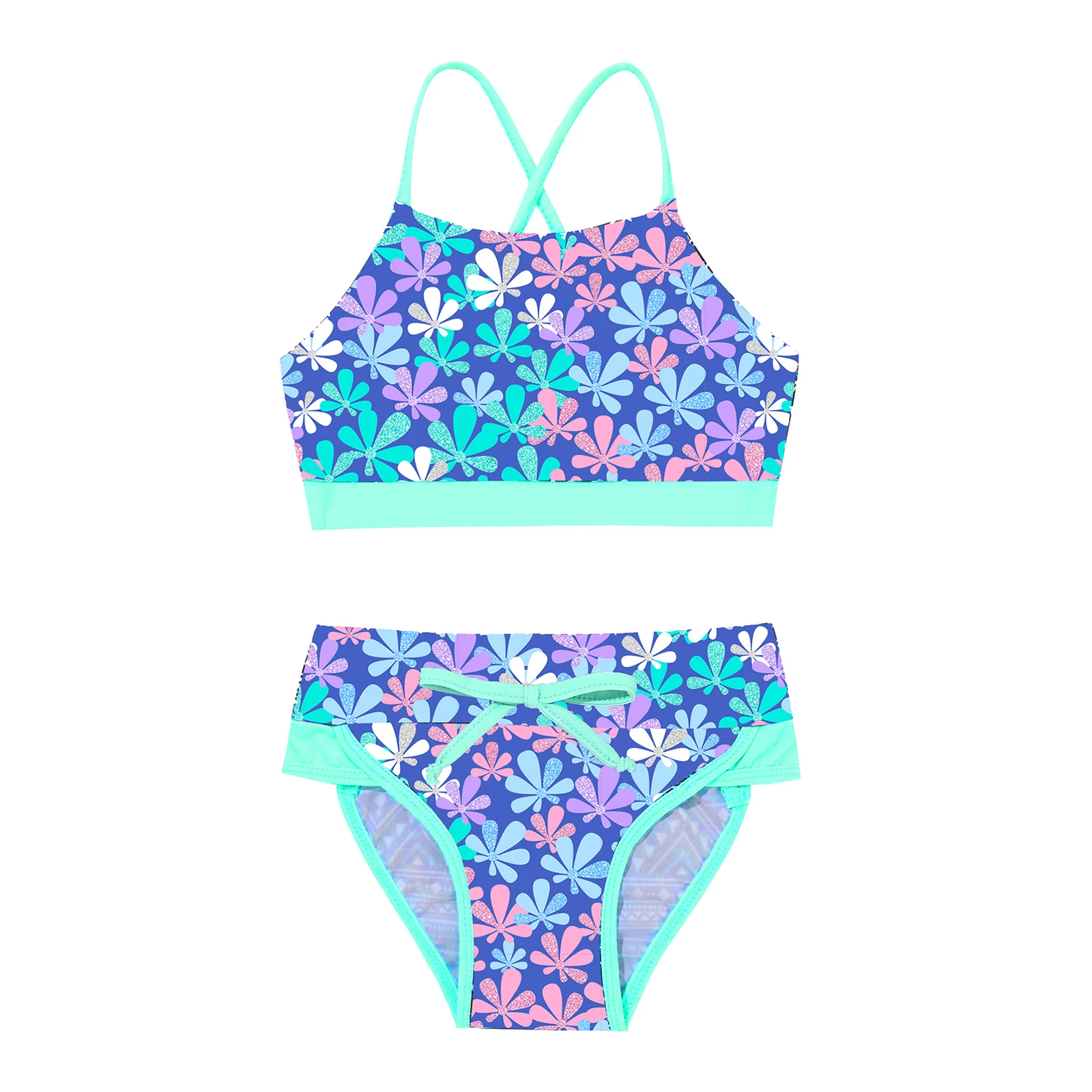 TiaoBug 3 To 14 Years Kids Girls 2Pcs Summer Swimsuit Swimwear Geometric Pattern Floral Print Bathing Suit Bikini Set