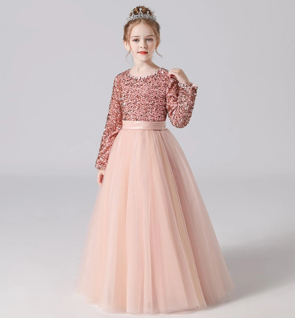 Dideyttawl Real Photos Flower Girl Dresses Wedding Junior Bridesmaid Sequin Tulle Evening Party Dress For Girls Pageant Gown