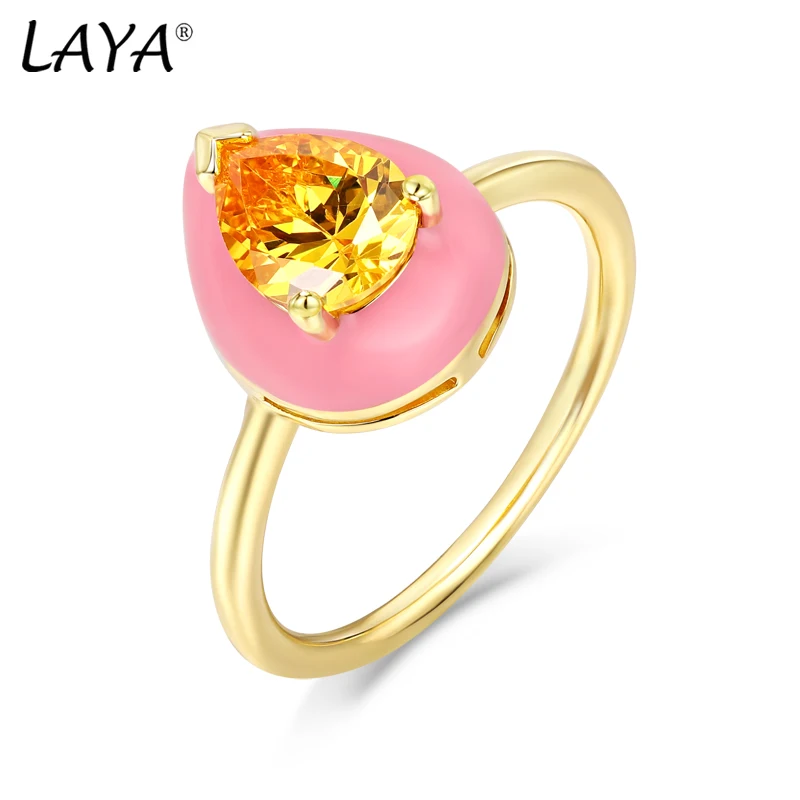 Laya Silver Ring For Women Pure 925 Sterling Silver Shiny White Cubic Zirconia Pink Enamel Fashion Jewelry Handmade Enamel