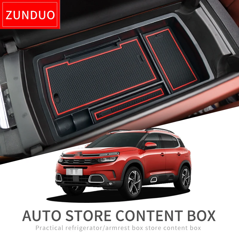 ZUNDUO Central Armrest Box Storage for Citroen C5 Aircross 2017 - 2023 Stowing Tidying Car Organizer Accessories RED BLACK